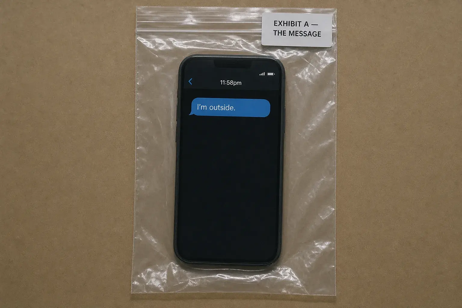 A smartphone sealed in a clear evidence bag, displaying a birthday text message timestamped 11:58pm, resting on a plain surface with a Bureau reference label.